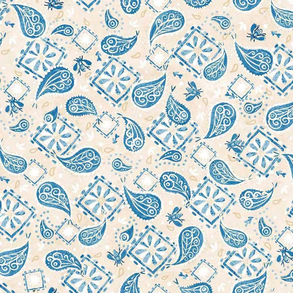 P&B Textiles - Barnyard Babies By Clint Eagar - Paisley & Squares - Cream & Blue - Yardage 1 P&B Textiles - Barnyard Babies By Clint Eagar - Paisley & Squares - Cream & Blue - Yardage
