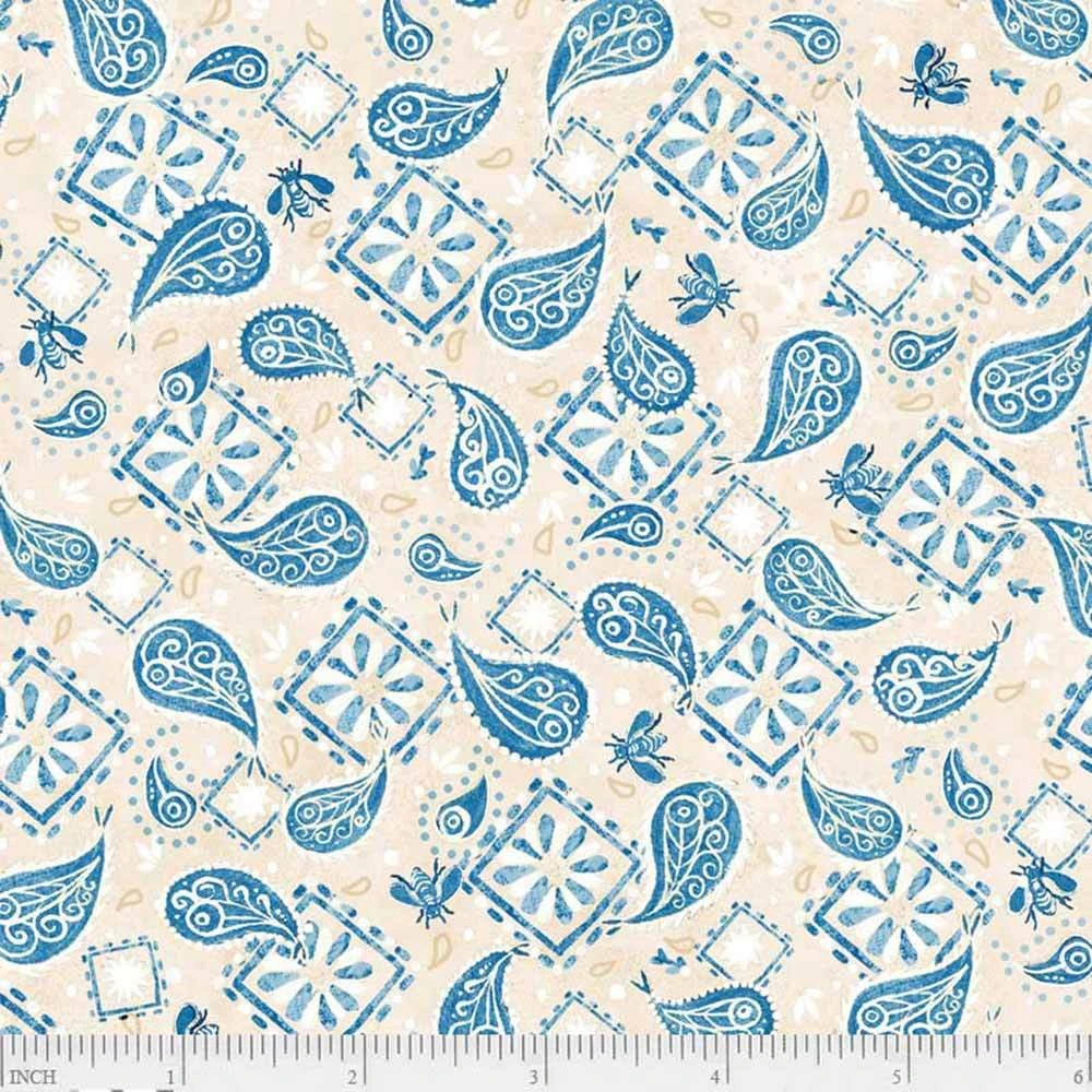 P&B Textiles - Barnyard Babies By Clint Eagar - Paisley & Squares - Cream & Blue - Yardage 2 P&B Textiles - Barnyard Babies By Clint Eagar - Paisley & Squares - Cream & Blue - Yardage - Image 2
