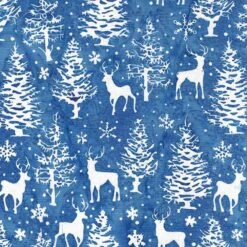 Island Batik - Tinsel Treasures - Trees And Deer - Blue Cornflower - Yardage