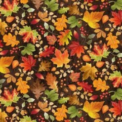 Timeless- Gather With A Grateful Heart - Tossed Fall Leaves - Brown - Digital Print - Yardage