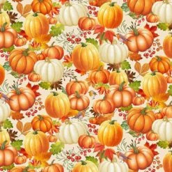Timeless- Gather With A Grateful Heart - Pumpkin On Leaves - Cream - Digital Print - Yardage