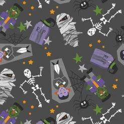 3 Wishes Fabric - Monster Squad By Scott Barnes - Monster Mash - Charcoal - Yardage