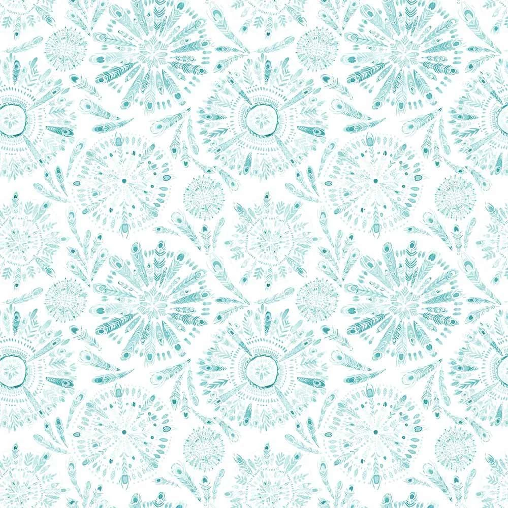 P&B Textiles - Peacock Serenade By Eulalia Mejia - Feather Mandalas - White - Yardage 1 P&B Textiles - Peacock Serenade By Eulalia Mejia - Feather Mandalas - White - Yardage