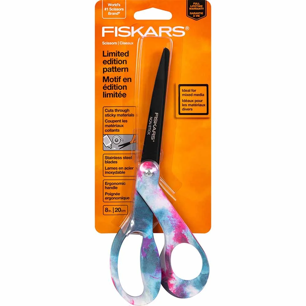 Fiskars Premier Bent Deco NonStick Scissors 8in Pink & Blue Tie Dye 1 Fiskars Premier Bent Deco NonStick Scissors 8in Pink & Blue Tie Dye