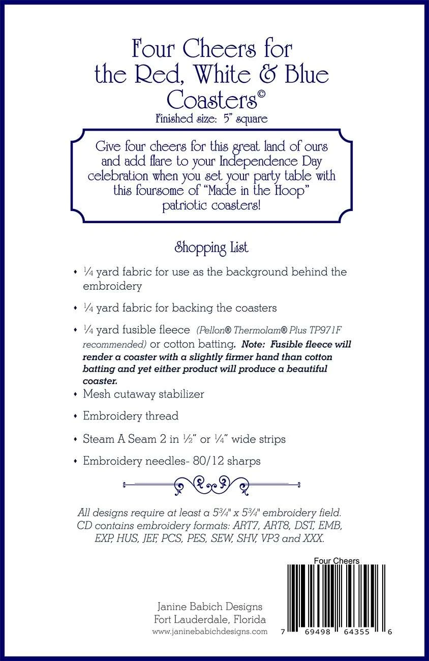 Four Cheers For The Red, White & Blue Coasters Embroidery By Janine Babich 2 Four Cheers For The Red, White & Blue Coasters Embroidery By Janine Babich - Image 2