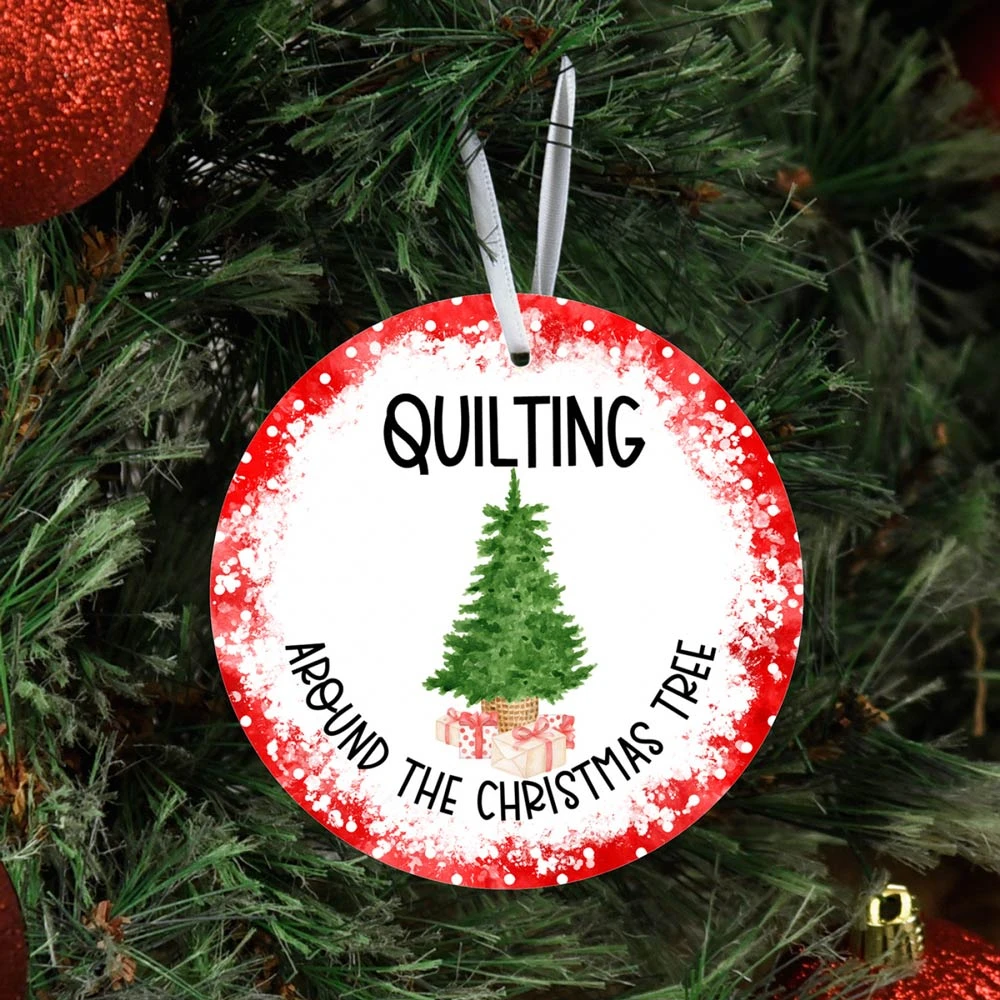 Quilting Around The Christmas Tree Metal Ornament 1 Quilting Around The Christmas Tree Metal Ornament