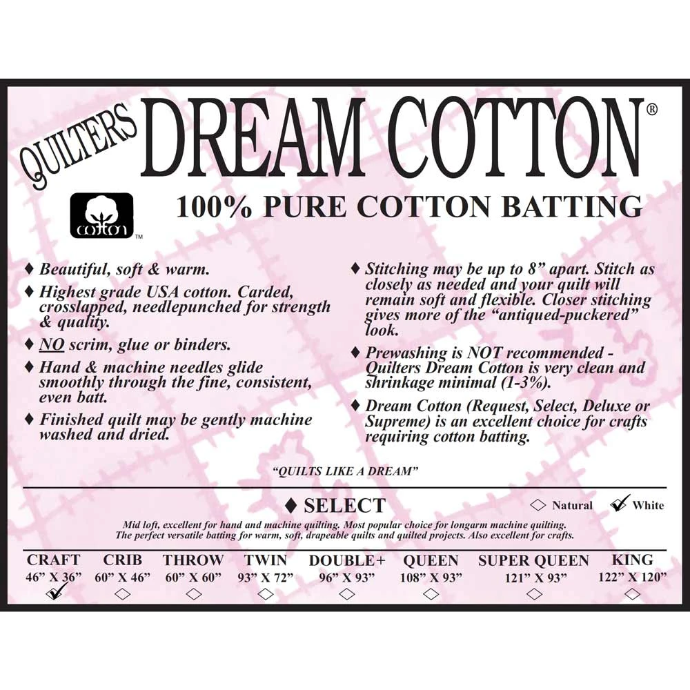 Quilter's Dream - White Dream 100% Cotton Select - Craft 46" X 36" - Batting 1 Quilter's Dream - White Dream 100% Cotton Select - Craft 46" X 36" - Batting