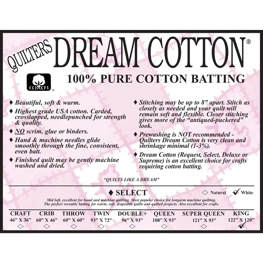 Quilter's Dream - White Dream 100% Cotton Select - King 122" X 120" - Batting 1 Quilter's Dream - White Dream 100% Cotton Select - King 122" X 120" - Batting