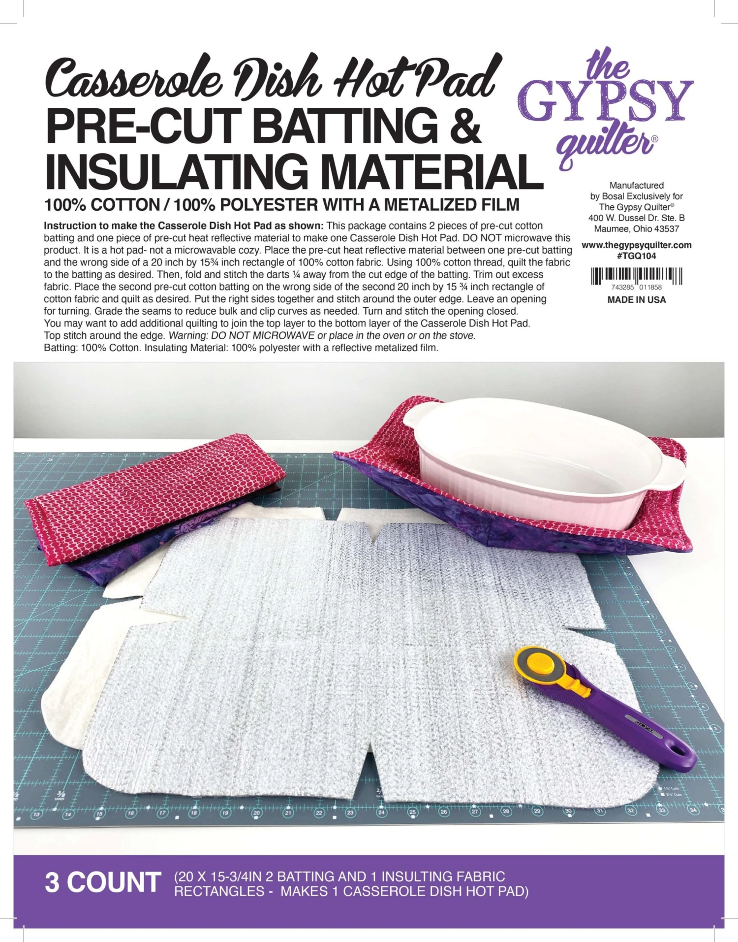 Gypsy Quilter Casserole Dish Hot Pad Pre Cut Batting 3ct 1 Gypsy Quilter Casserole Dish Hot Pad Pre Cut Batting 3ct